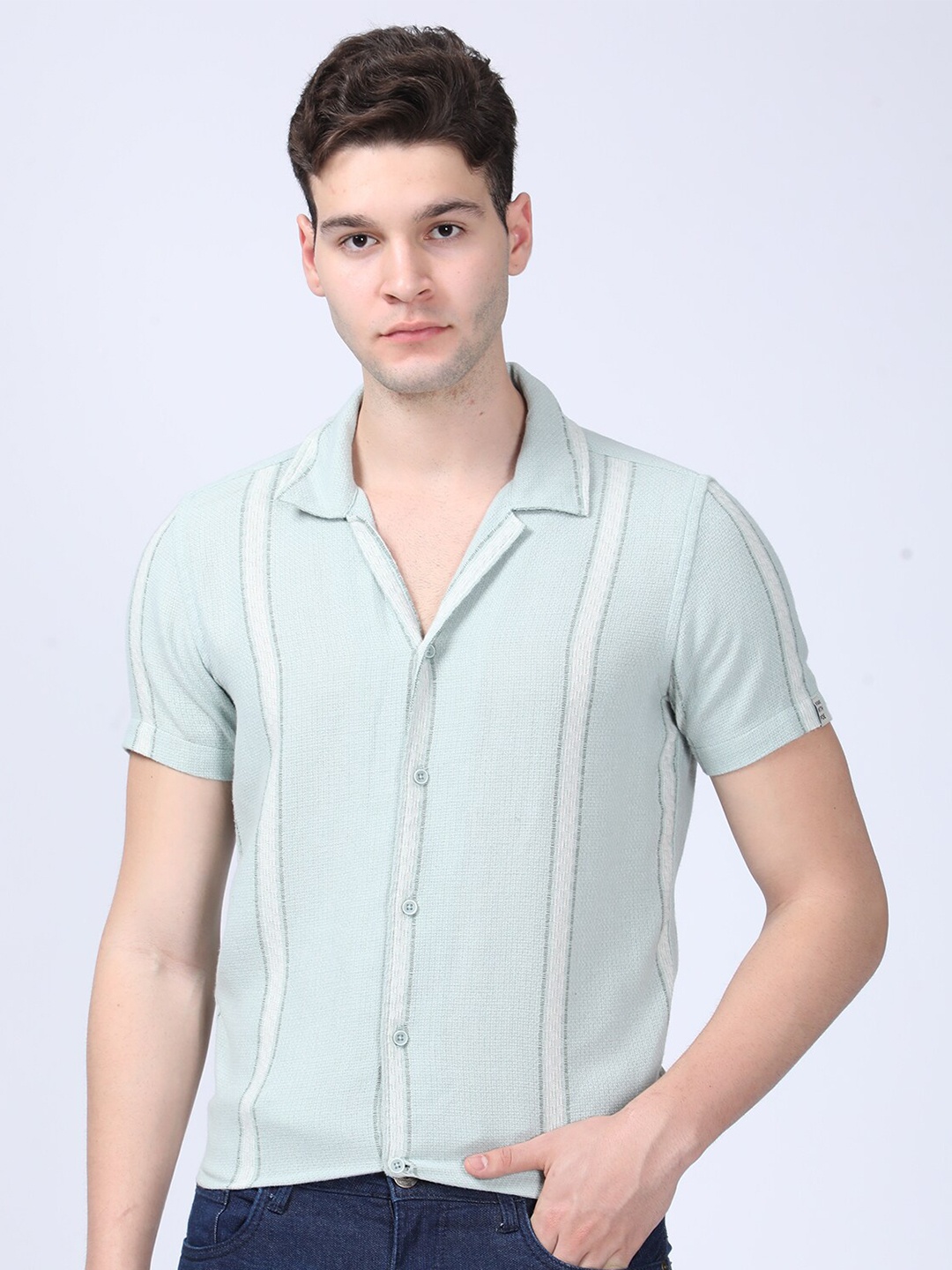 

POE Smart Slim Fit Opaque Striped Cotton Casual Shirt, Green