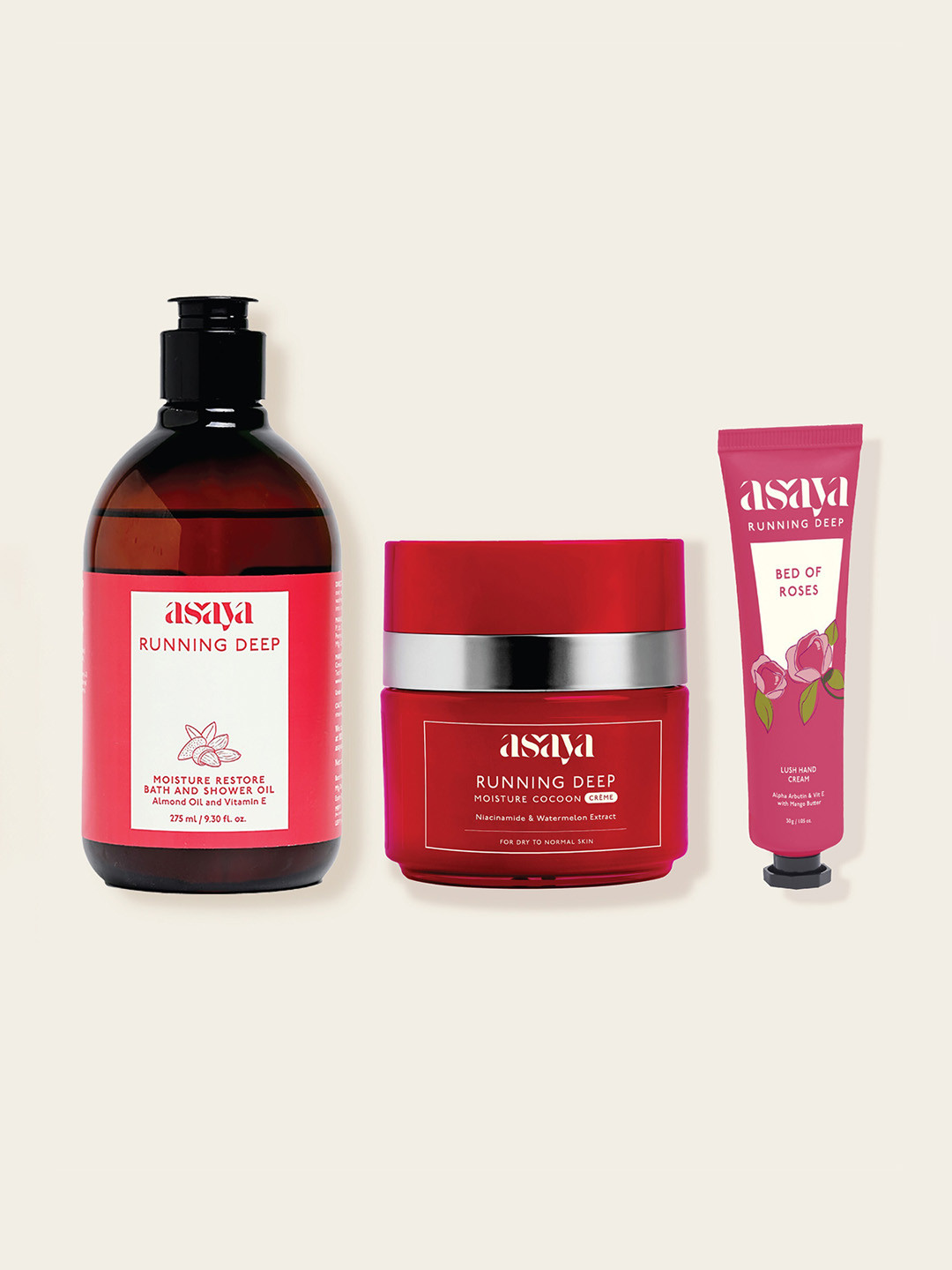 

Asaya Shower Oil Cocoon Creme Hand Cream Dry Skin Hydration Set, Red