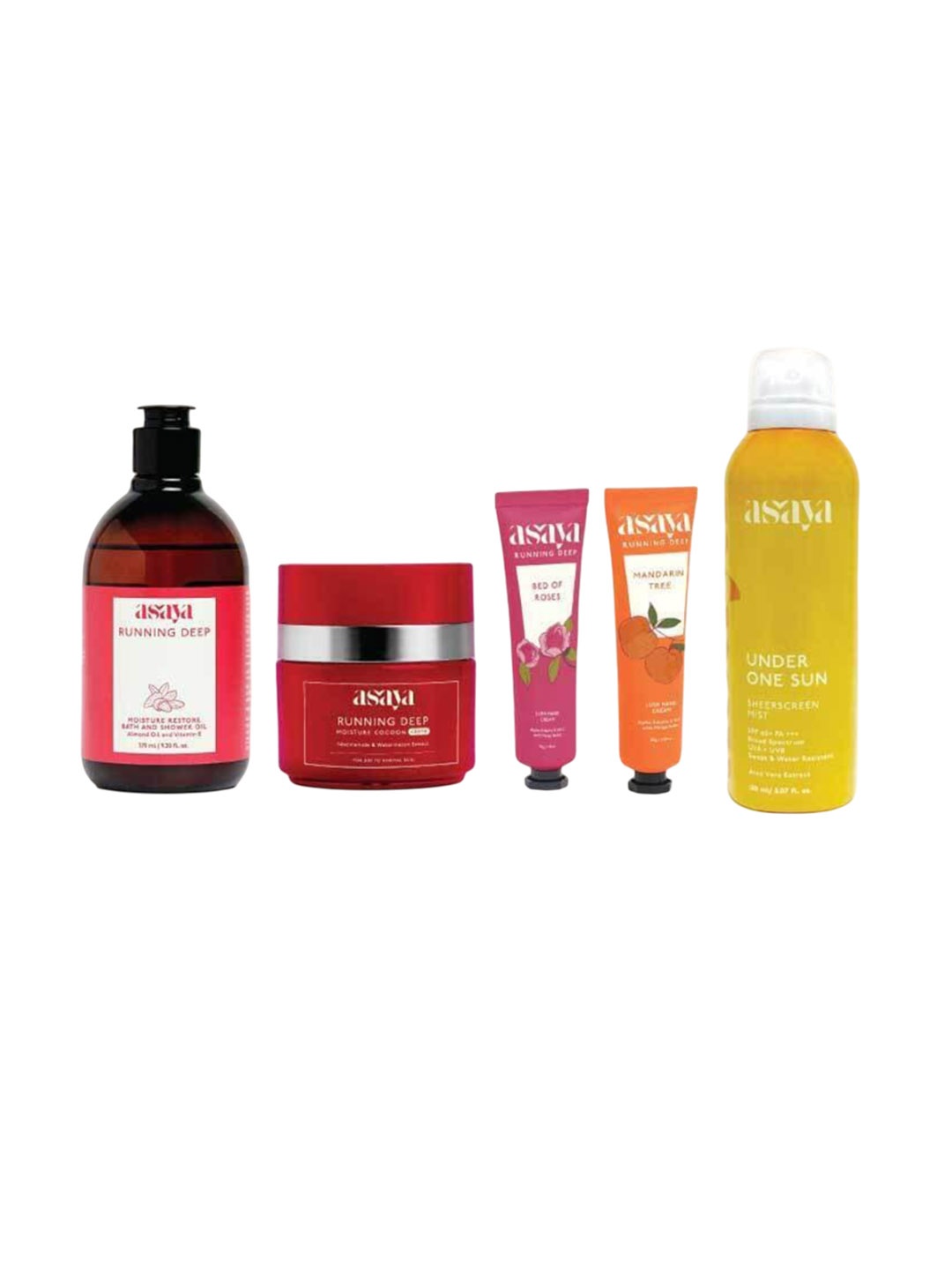 

Asaya Running Deep Moisture Cocoon-Hand Cream-Shower Oil & Under On Sun Sheerscreen Mist, Yellow