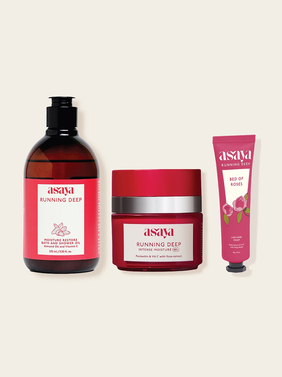 

Asaya Running Deep Moisture Shower Oil-Lush Hand Cream & Moisture Gel, Red
