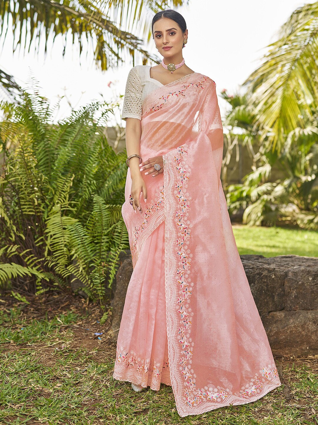 

Satrani Embroidered Organza Saree, Pink