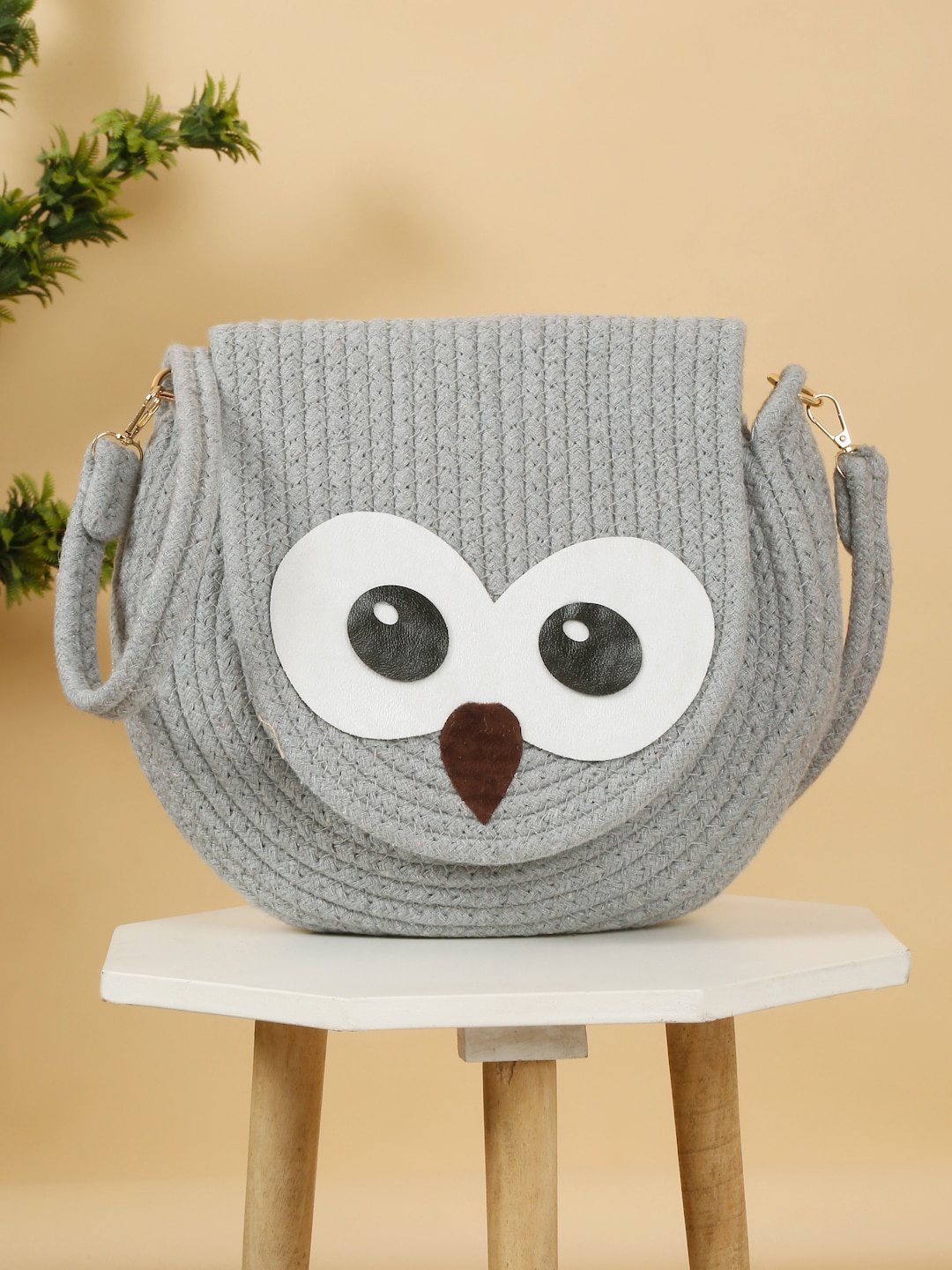 FABINALIV Cartoon Design Macrame Braided Cotton Sling Bag, Grey