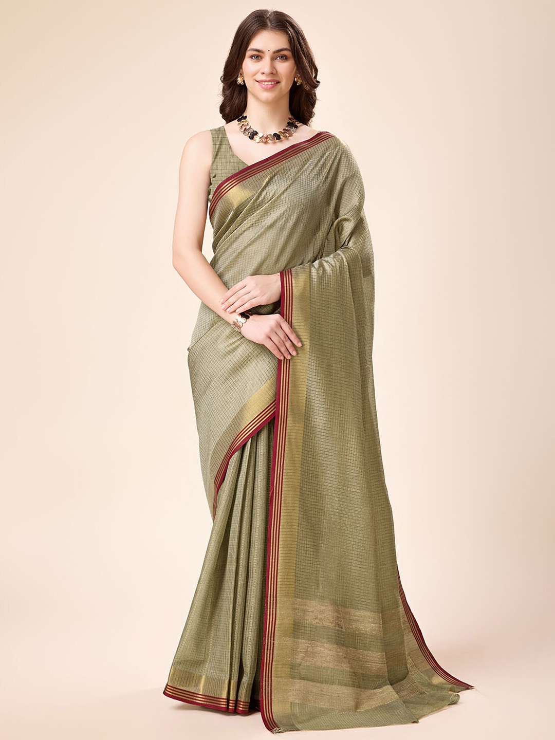 

Tasarika Checked Zari Pure Silk Saree, Green