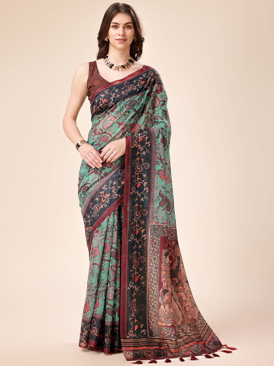 

Tasarika Ethnic Motifs Printed Pure Silk Saree with Tassels, Sea green