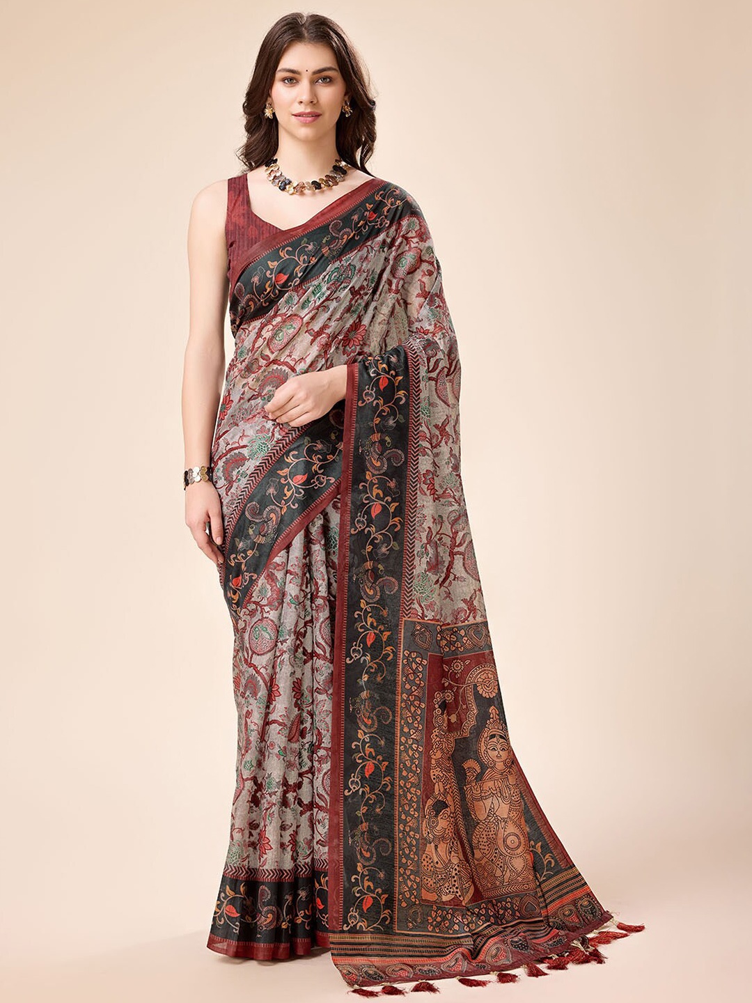 

Tasarika Ethnic Motifs Printed Pure Silk Saree with Tassels, Grey