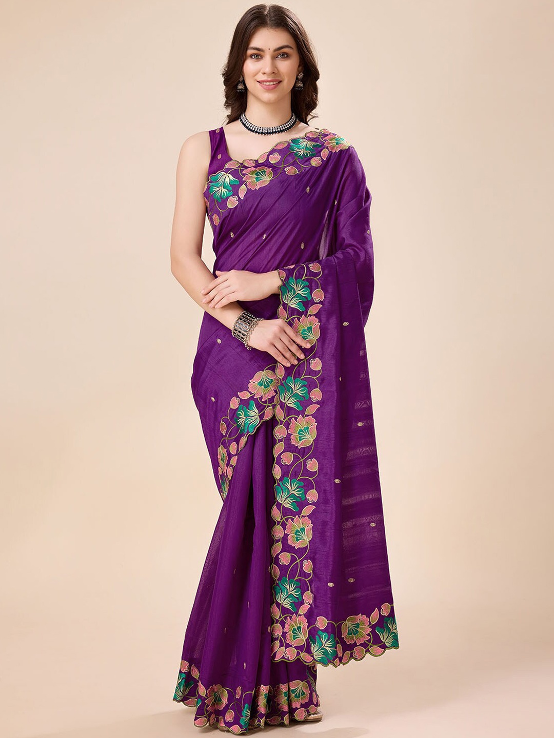 

Tasarika Ethnic Motifs Embroidered Pure Silk Saree, Purple