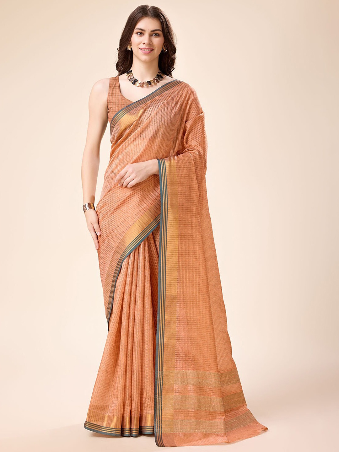 

Tasarika Checked Zari Pure Silk Saree, Orange