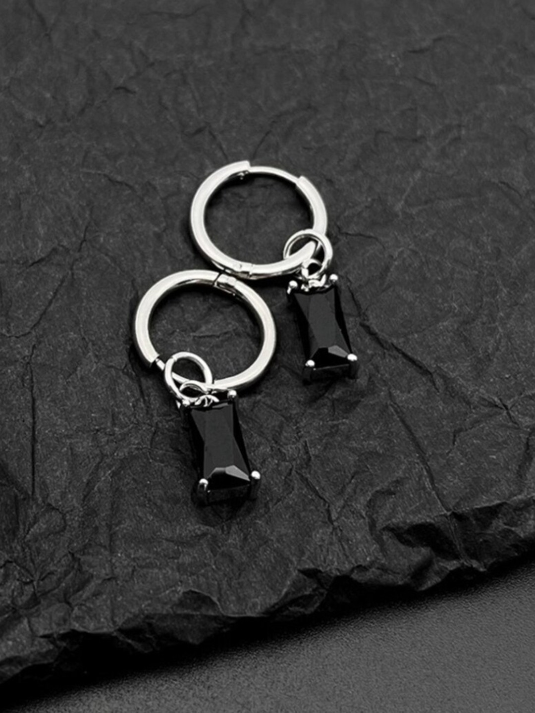 

SALTY Men Stainless Steel Stone Studded Drop Earrings, Silver