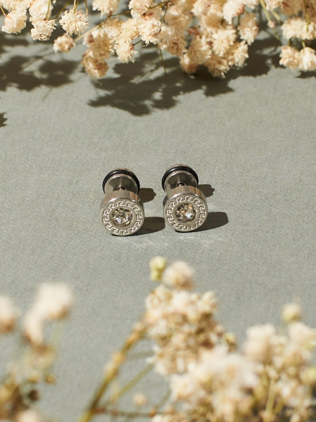 

SALTY Men Stainless Steel Stones Studded Circular Studs Earrings, Silver
