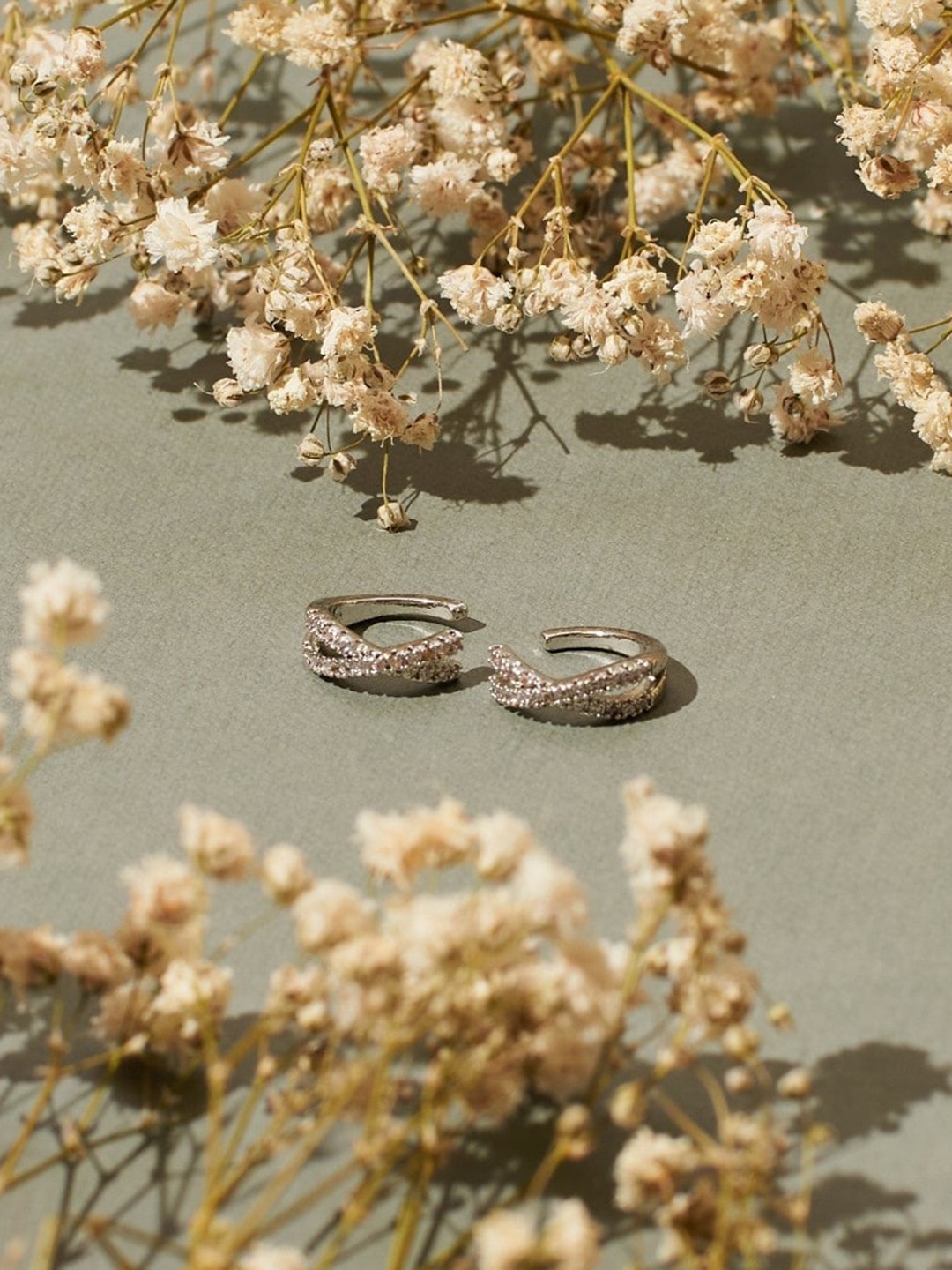 

SALTY Silver Artificial Stones-Studded Half Hoop Earrings