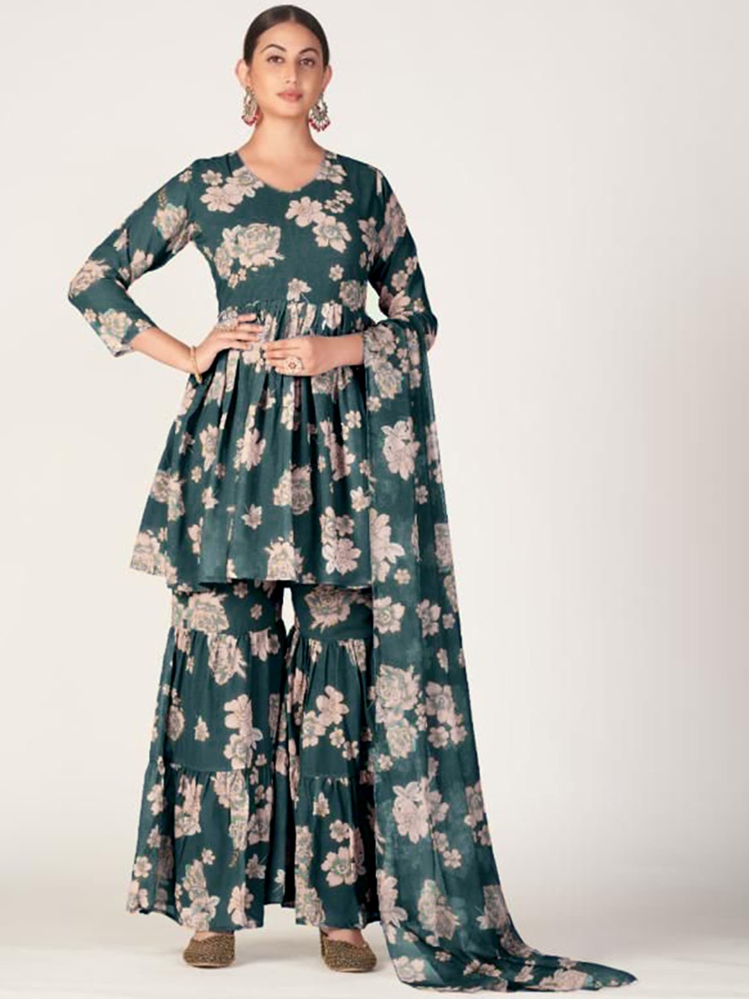

Peachmode Floral Printed Regular A-Line Georgette Kurta with Sharara & Dupatta, Green