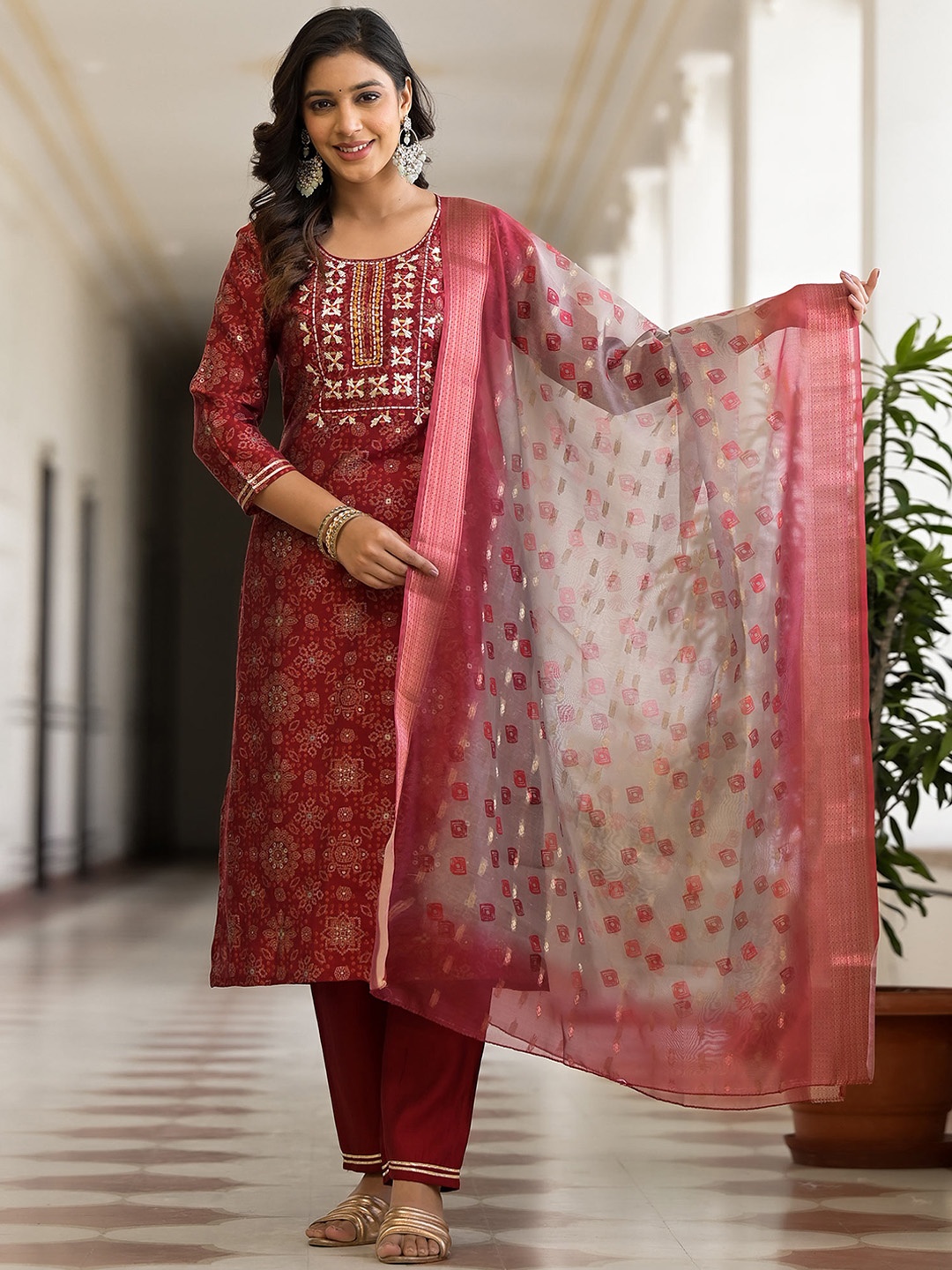 

Peachmode Printed Regular Mirror Work Chanderi Silk Kurta with Trousers & Dupatta, Red