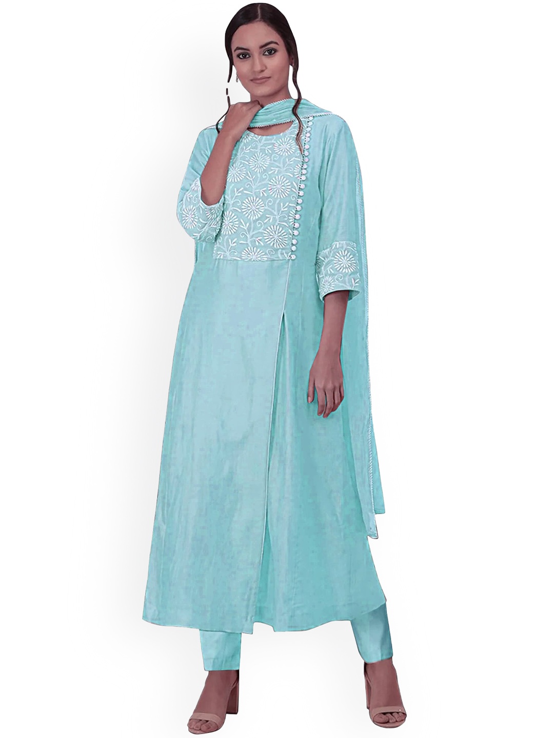 

Peachmode Floral Embroidered Regular Straight Kurta with Trousers & With Dupatta, Blue