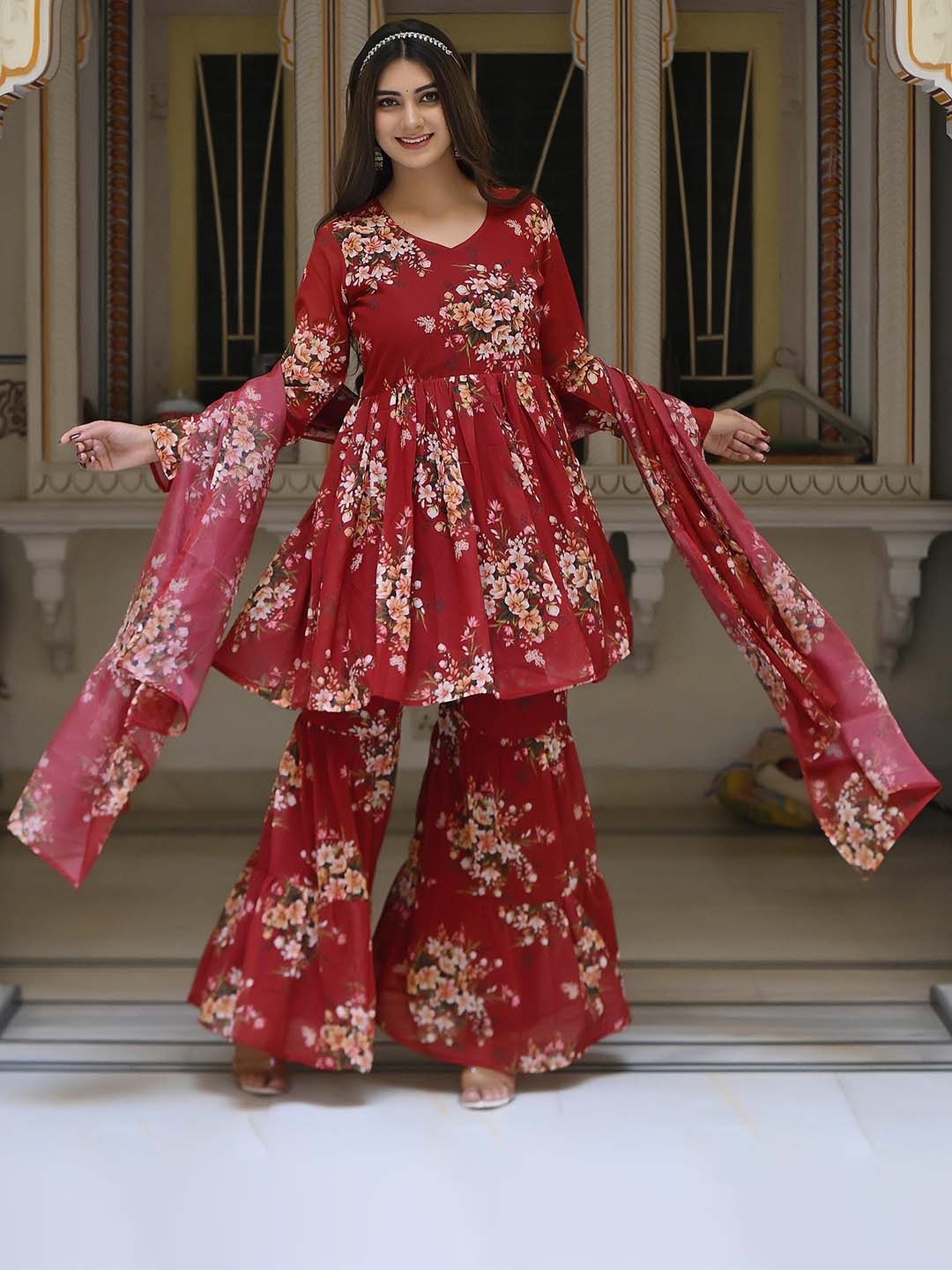 

Peachmode V Neck Long Sleeves Floral Printed A Line Kurta with Sharara & Dupatta, Maroon