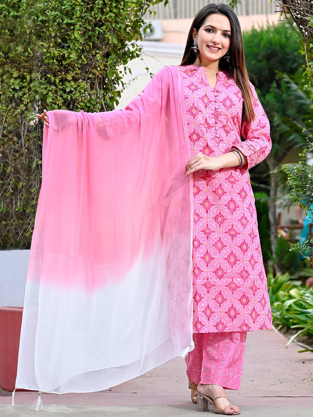 

Peachmode Mandarin Collar Floral Printed Pure Cotton Straight Kurta with Trouser & Dupatta, Pink