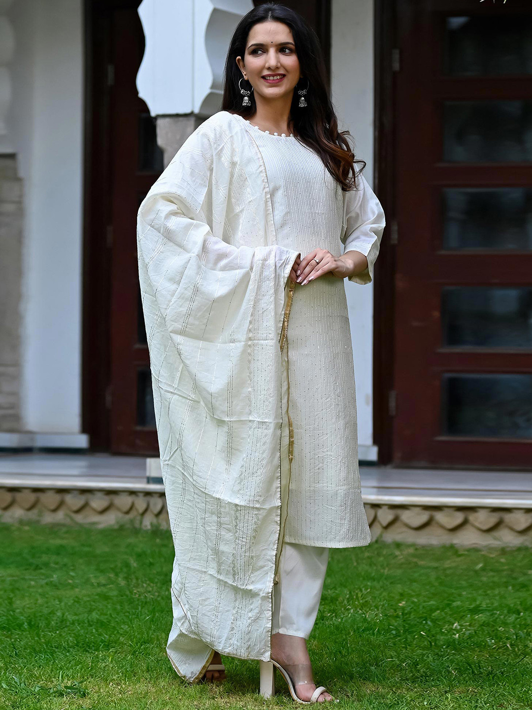 

Peachmode Round Neck Embroidered Regular Sequinned Kurta Set, Off white