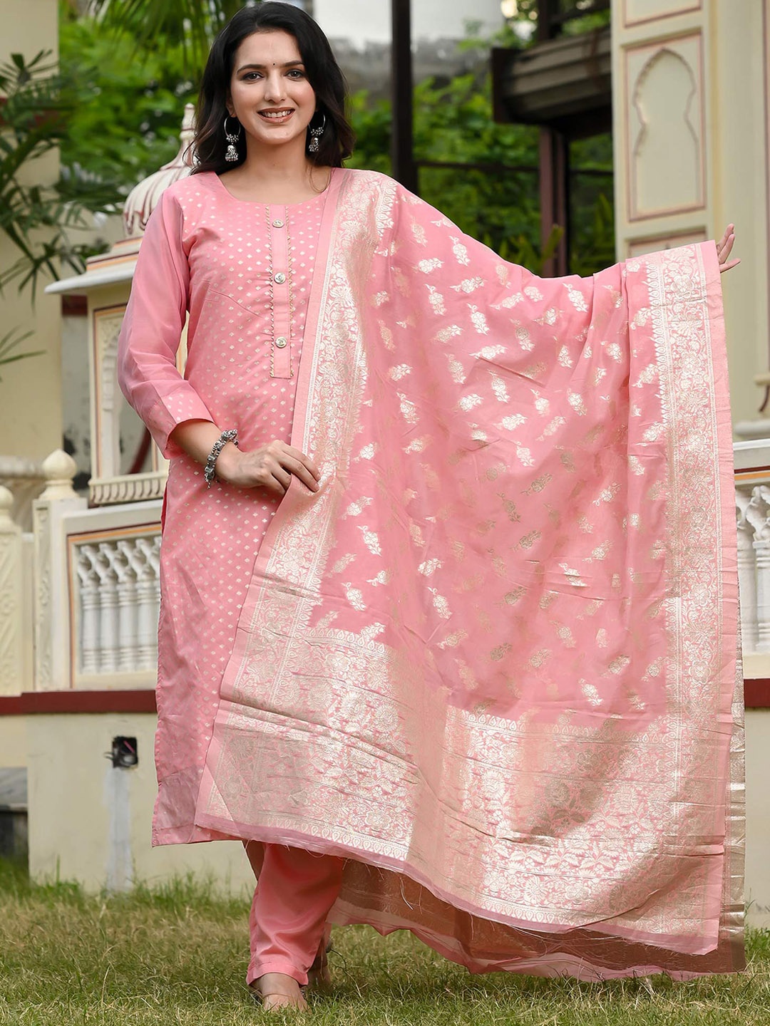 

Peachmode Round Neck Gotta Patti Straight Kurta with Trouser & Dupatta, Pink