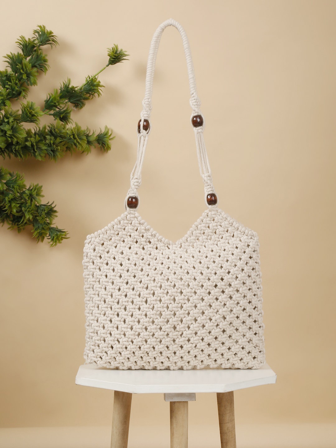 FABINALIV Macrame Braided Structured Cotton Tote Bag, Off white