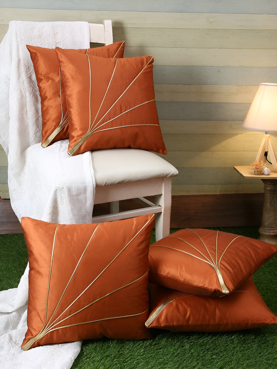 

ROMEE Orange & Beige 5 Pieces Geometric Square Cushion Covers