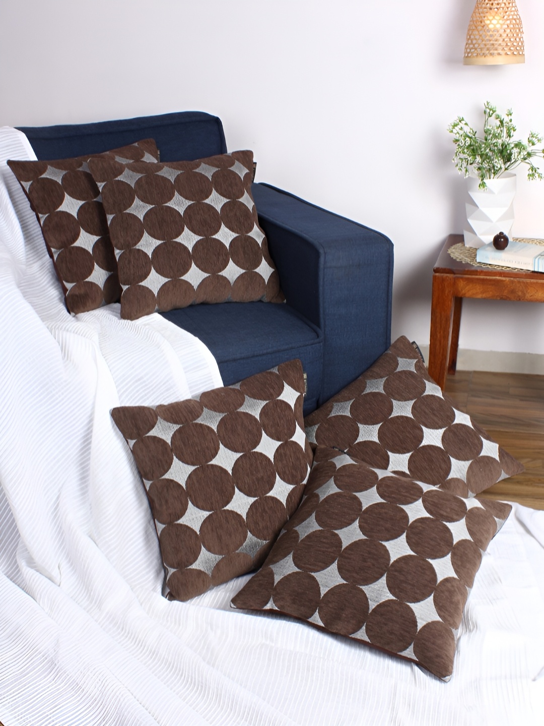 

ROMEE Brown & Grey 5 Pieces Geometric Velvet Square Cushion Covers