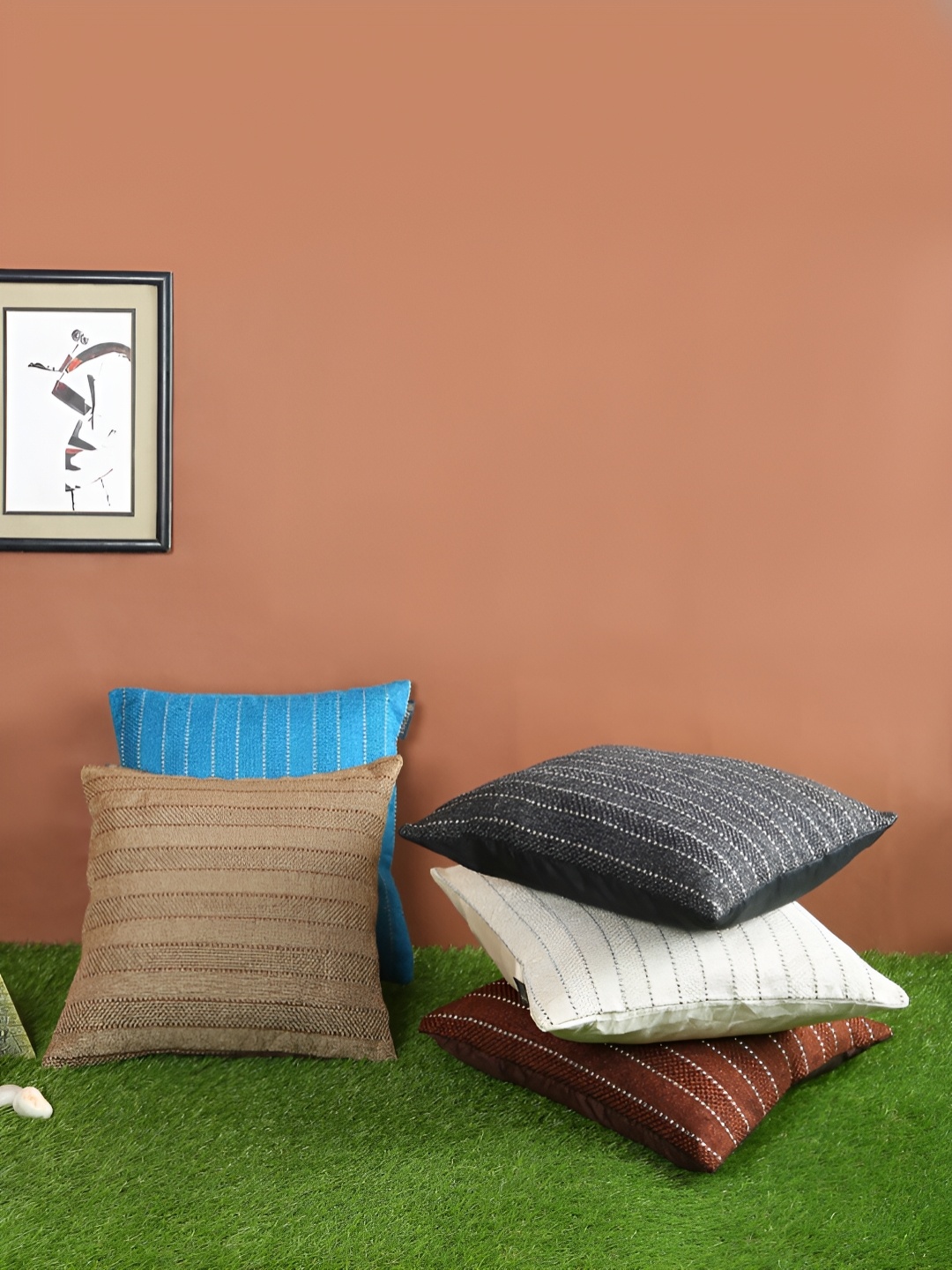 ROMEE Black & White 5 Pieces Striped Jute Cotton Square Cushion Covers
