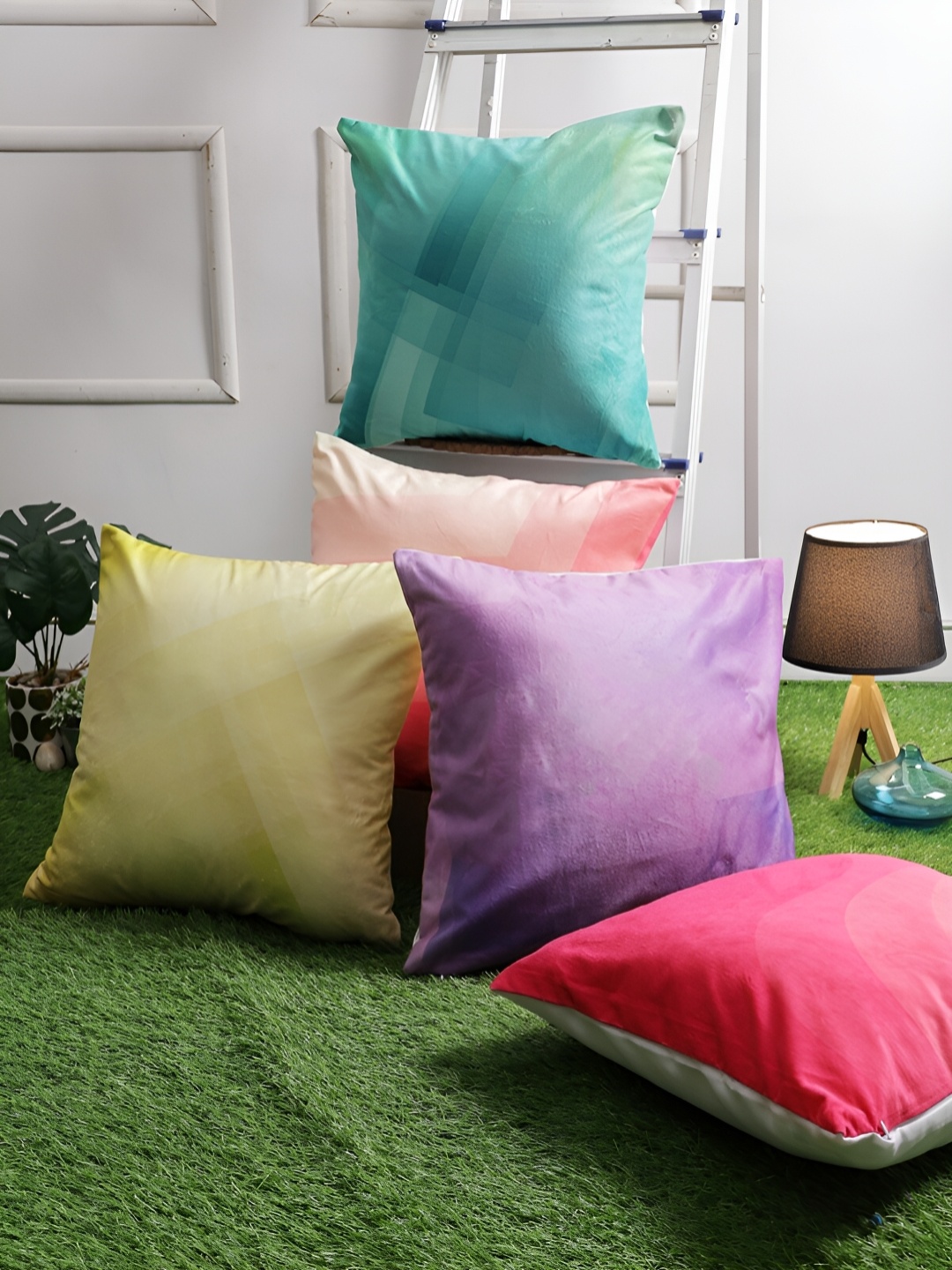 

ROMEE Purple & Green 5 Pieces Velvet Square Cushion Covers