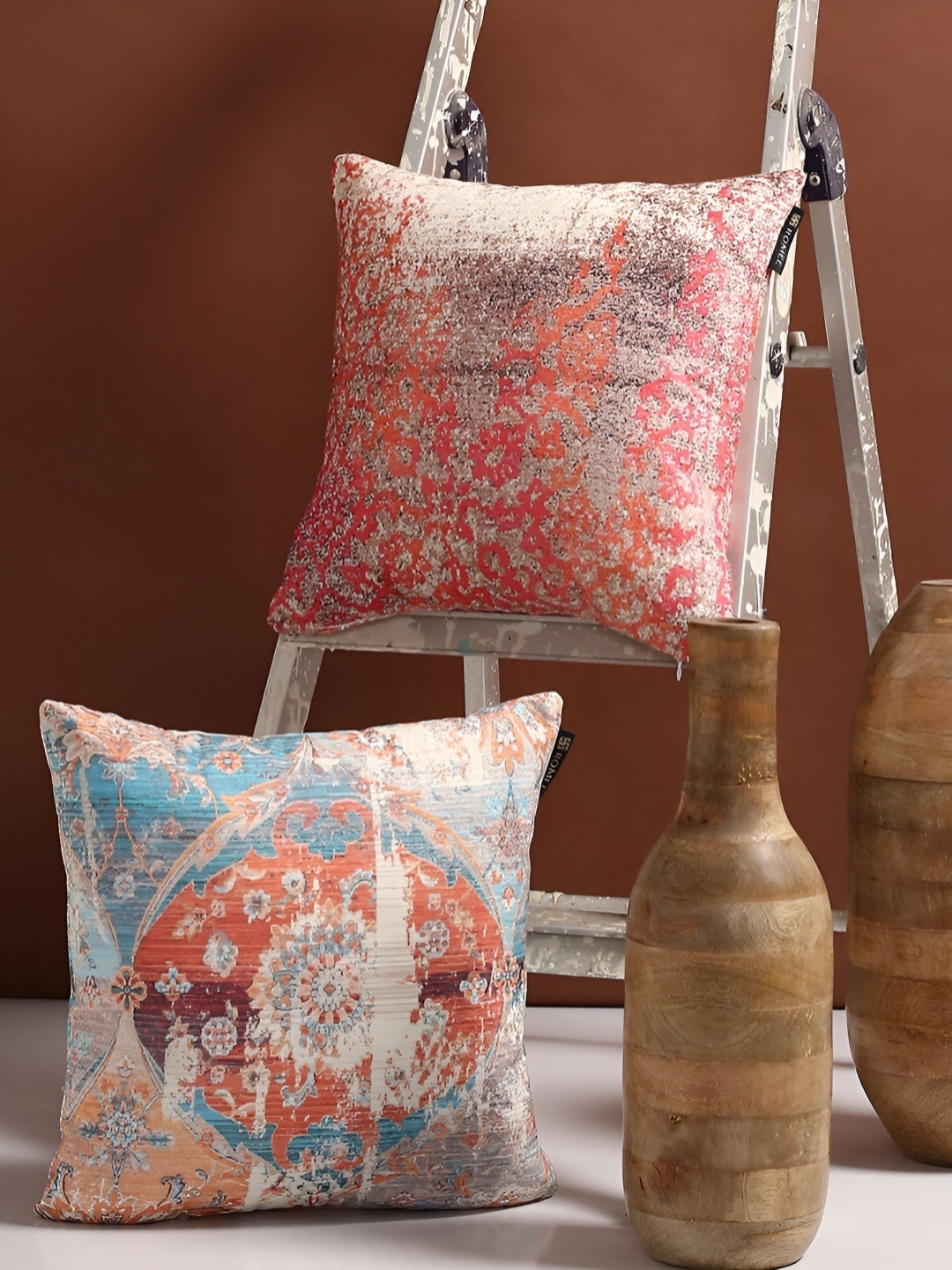 

ROMEE Orange & Blue 2 Pieces Ethnic Motifs Square Cushion Covers
