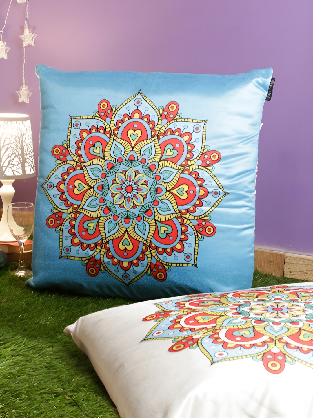 

ROMEE Blue & White 2 Pieces Floral Velvet Square Cushion Covers