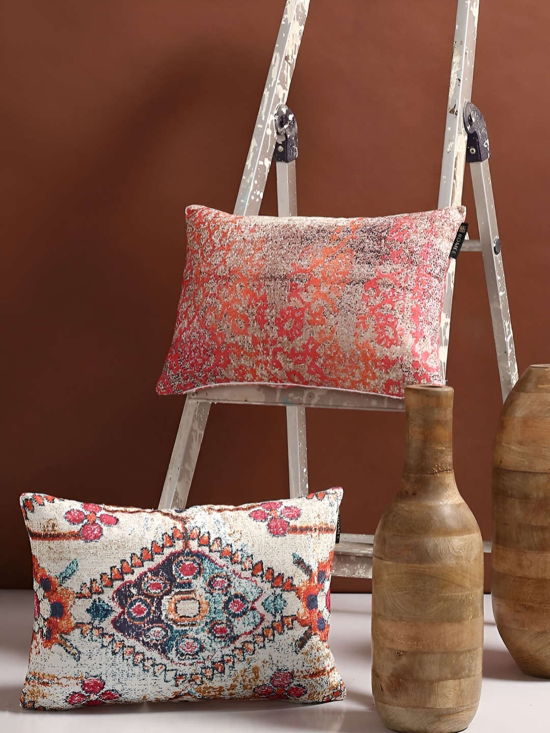 

ROMEE Cream-Coloured & Blue 2 Pieces Ethnic Motifs Rectangle Cushion Covers
