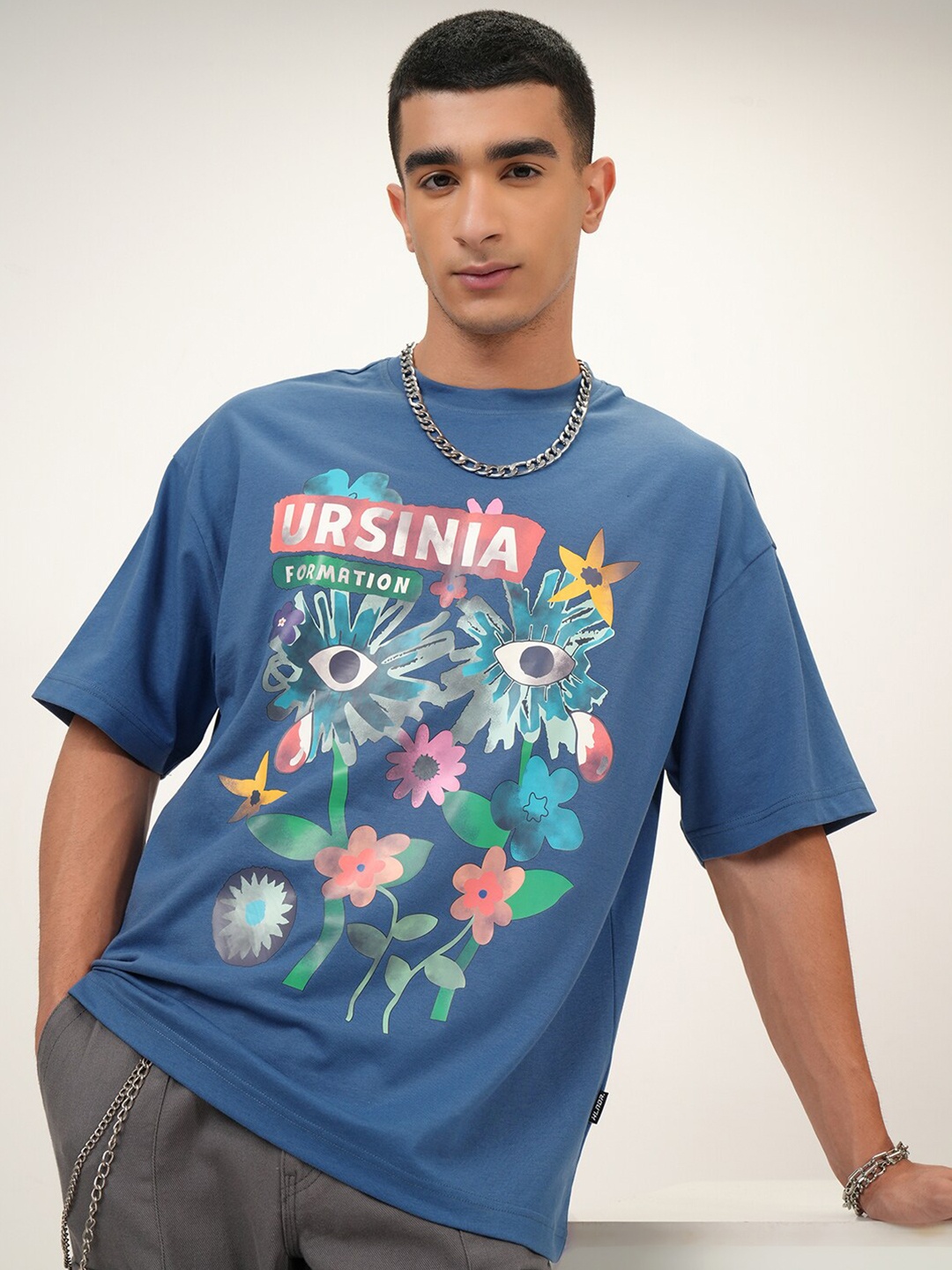 

HIGHLANDER Floral Printed Cotton Oversized T-shirt, Blue