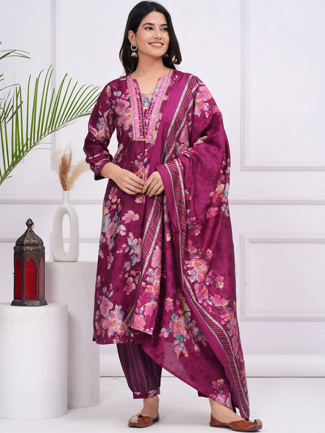 

KALINI Floral Printed Notch Neck GottaPatti Pure Silk Anarkali Kurta with Salwar & Dupatta, Maroon
