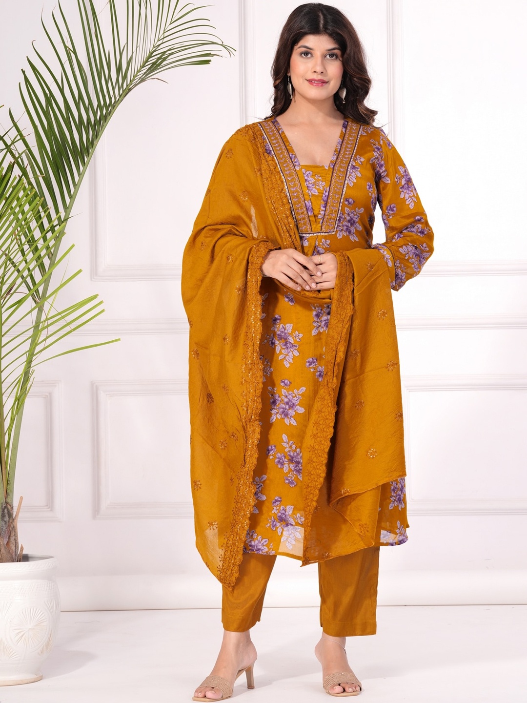 

KALINI Floral Printed Straight Beads and Stones Kurta with Trousers & Dupatta, Yellow