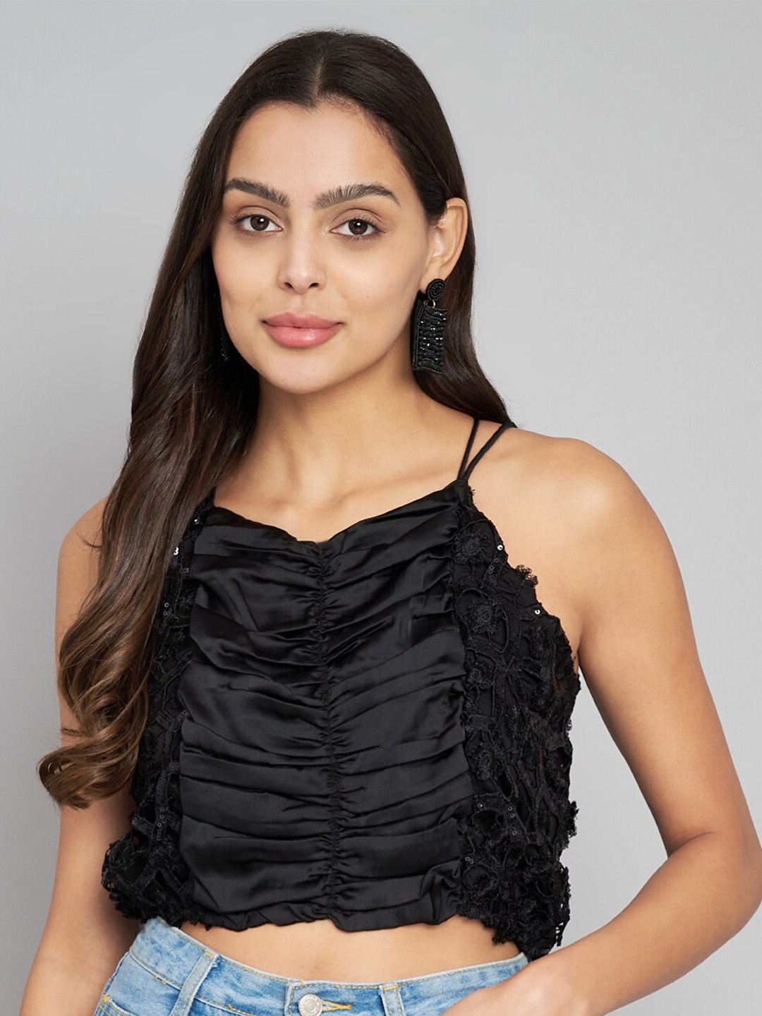 

Amagyaa Self Design Shoulder Straps Crop Top, Black