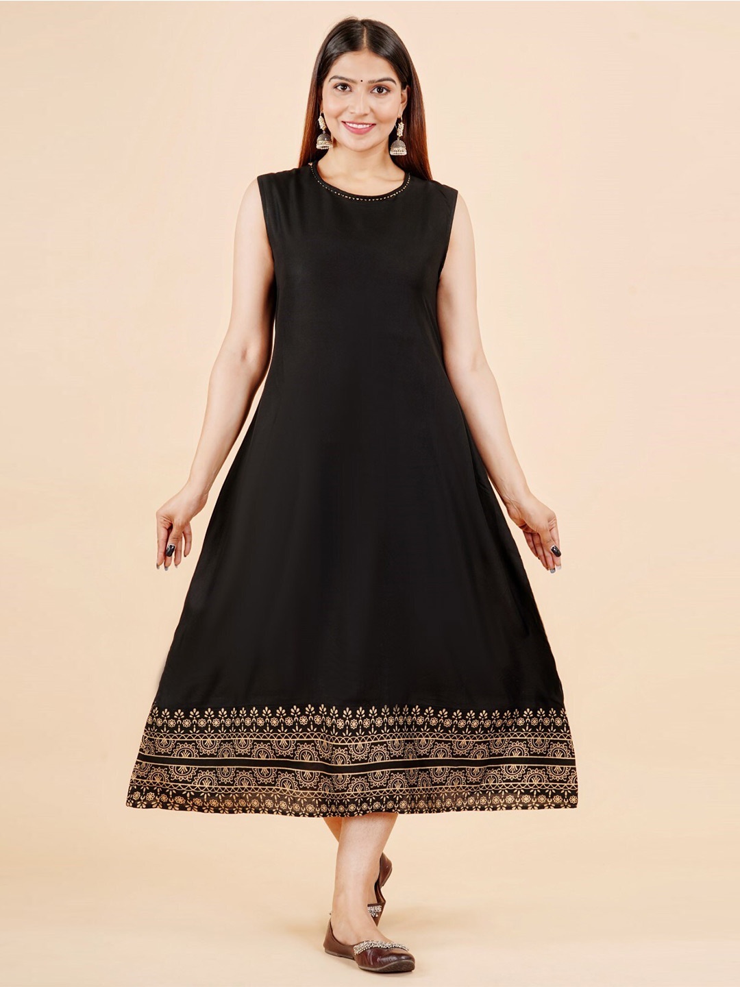 

VYKOO Round Neck Fit & Flared Midi Ethnic Dress, Black