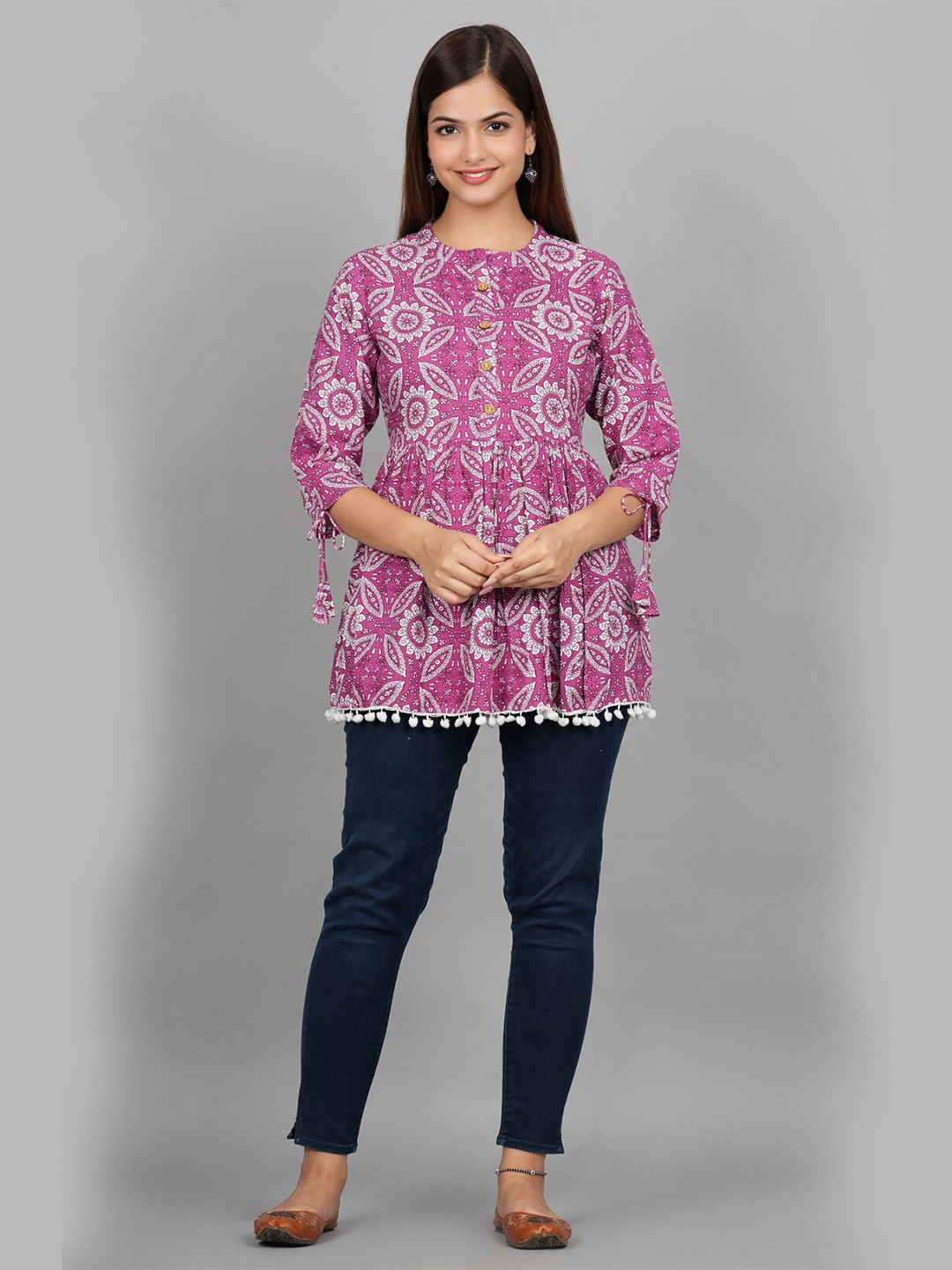 

VYKOO Floral Printed Mandarin Collar A-Line Top, Pink