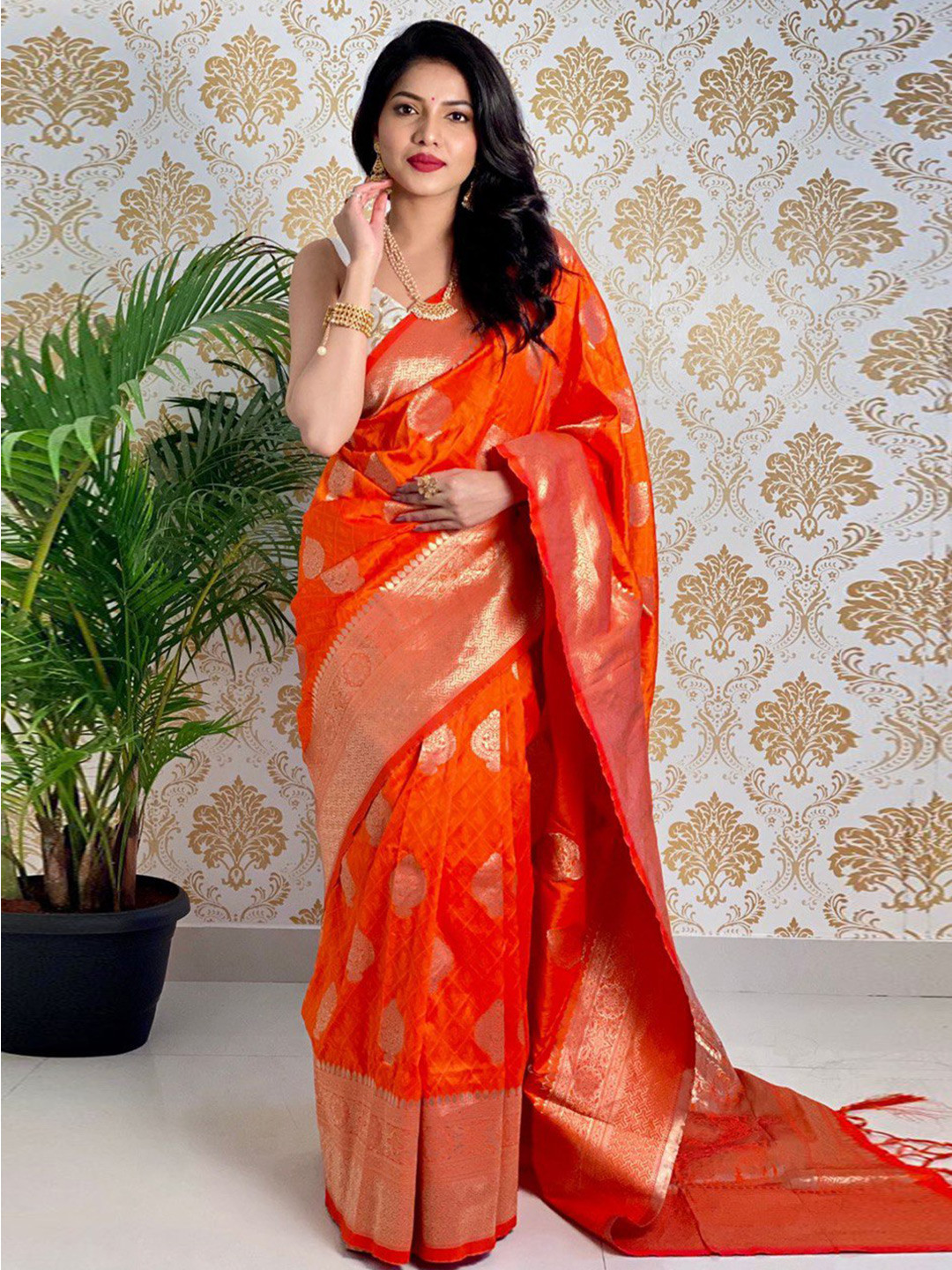 

PHEASANT Ethnic Motifs Woven Design Zari Pure Silk Banarasi Saree, Orange