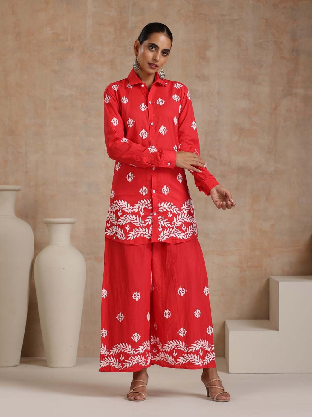 

House Of Chikankari Women Woven Chikankari Cotton Set, Red