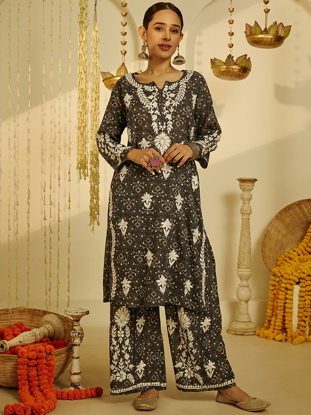 

House of Chikankari Ethnic Motifs Embroidered Thread Work Pure Cotton Kurta with Palazzos, Grey