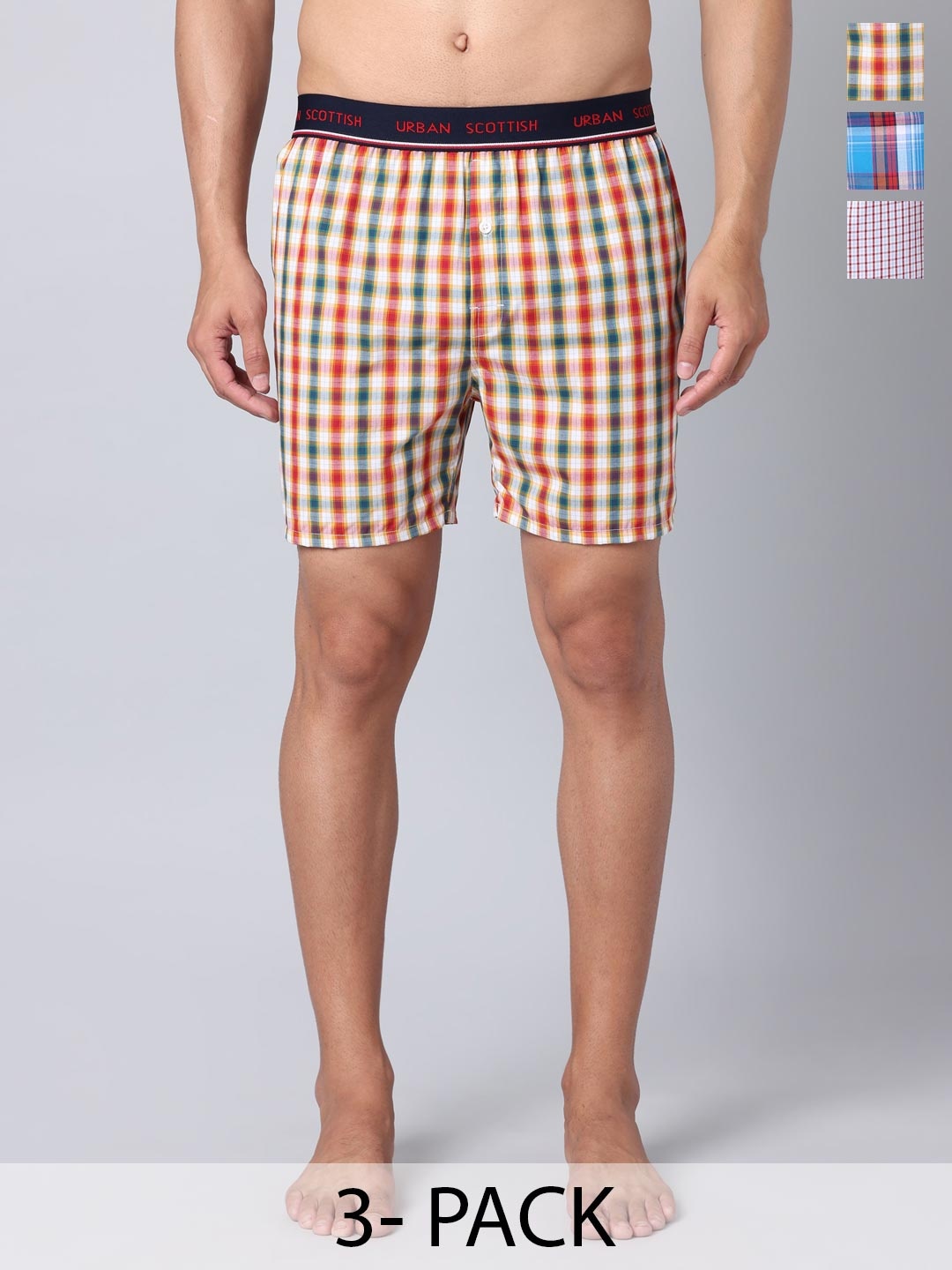 

URBAN SCOTTISH Pack Of 3 Checked Pure Cotton Boxers, White
