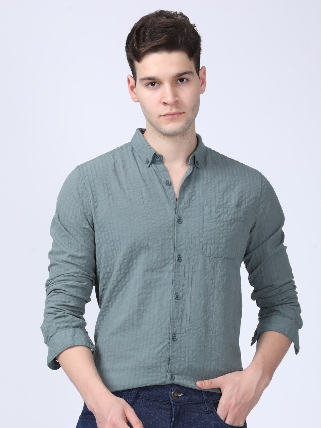 

POE Smart Slim Fit Textured Button-Down Collar Seersucker Weave Pure Cotton Casual Shirt, Green
