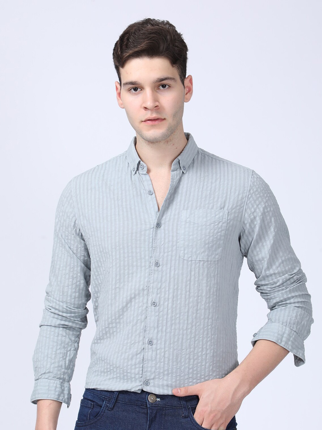 

POE Smart Slim Fit Textured Button-Down Collar Seersucker Weave Pure Cotton Casual Shirt, Blue