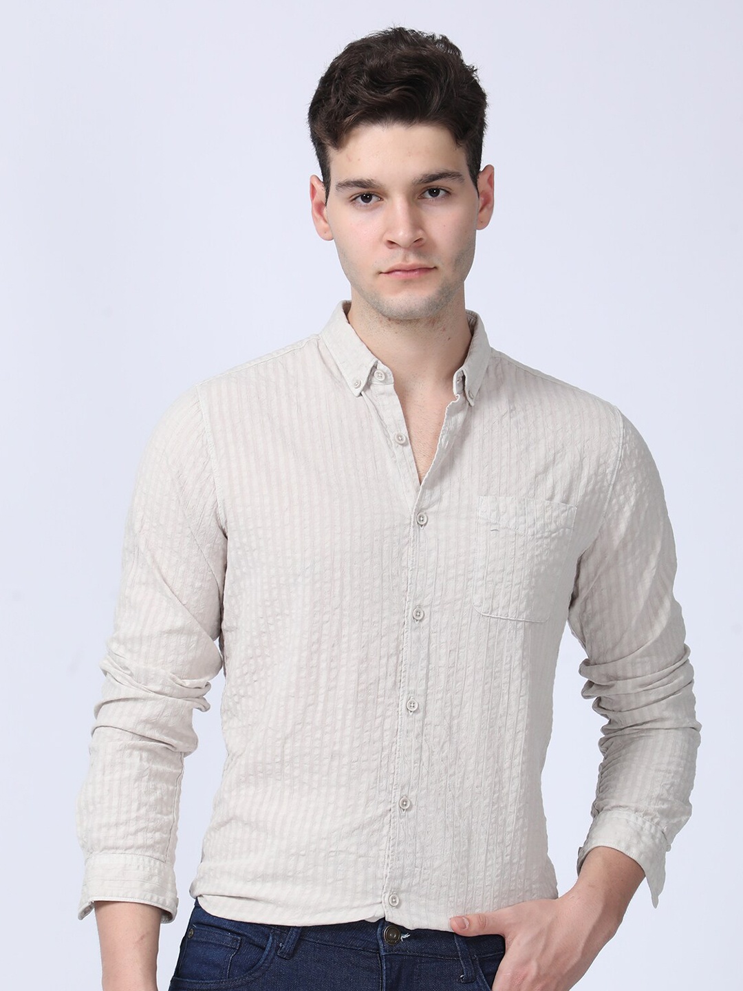 

POE Smart Slim Fit Textured Button-Down Collar Seersucker Weave Pure Cotton Casual Shirt, Grey