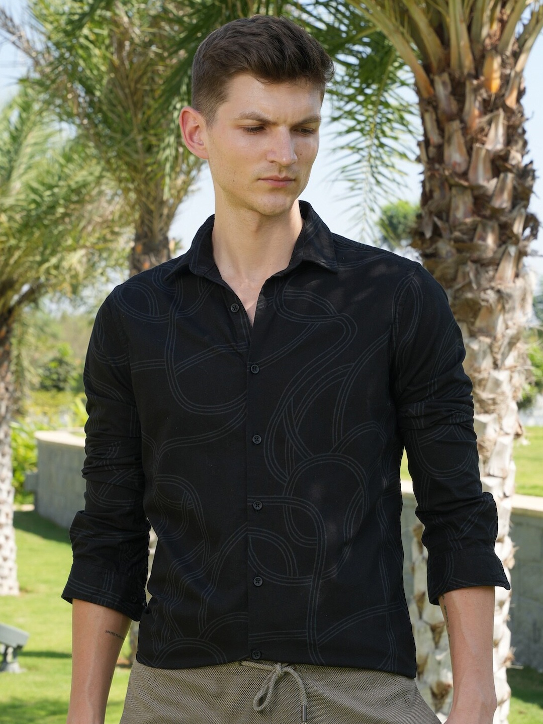 

POE Smart Slim Fit Opaque Printed Cotton Casual Shirt, Black
