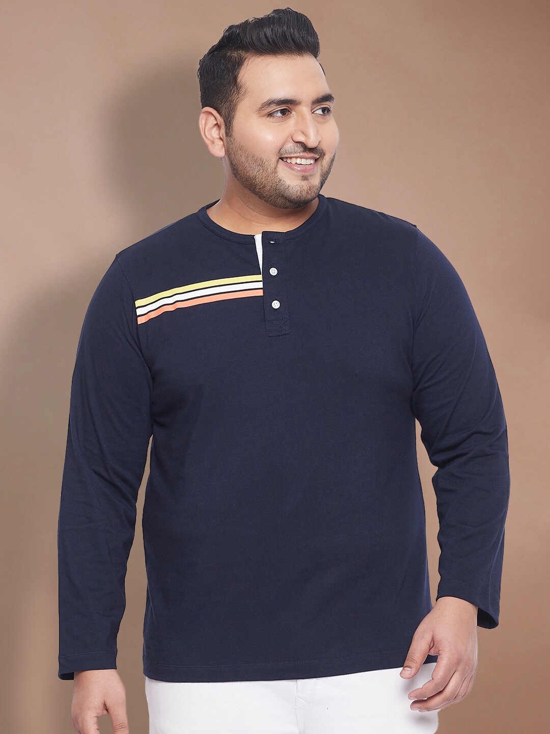 

bigbanana Plus Size Henley Neck Bio Finish Pure Cotton T-shirt, Navy blue