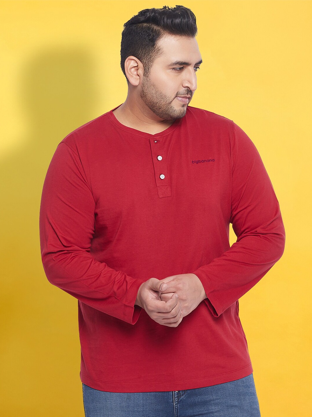 

bigbanana Plus Size Henley Neck Bio Finish Pure Cotton T-shirt, Red