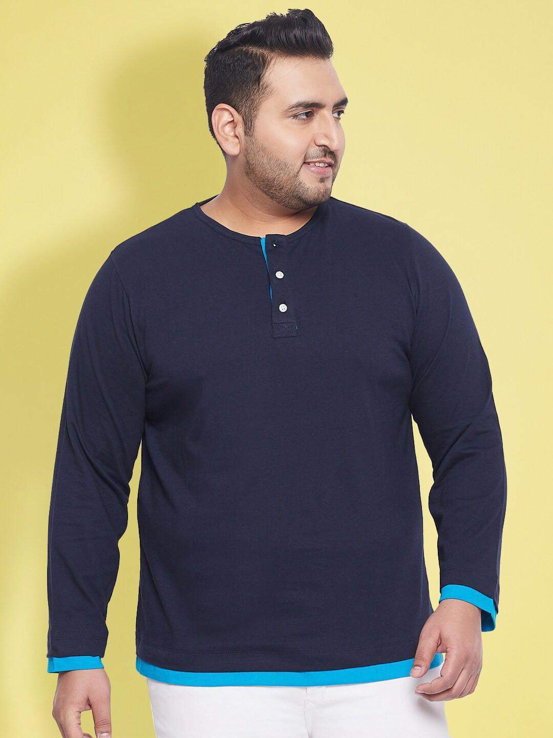 

bigbanana Plus Size Henley Neck Bio Finish Pure Cotton T-shirt, Navy blue