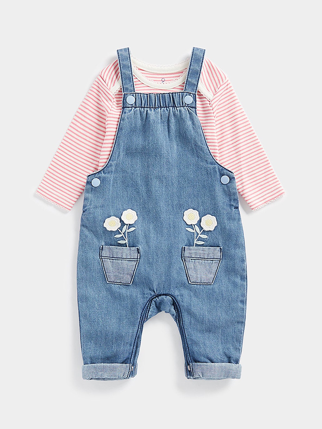 

mothercare Infant Girls Printed Pure Cotton Dungaree With Bodysuit, Blue