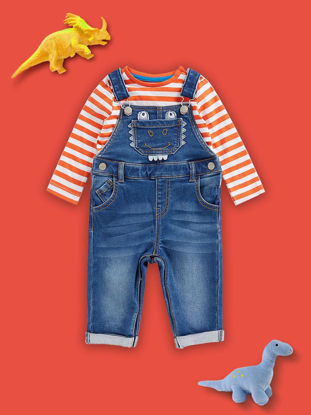 

mothercare Infants Boys Striped Ankle-Length Dungarees With T-shirt, Blue