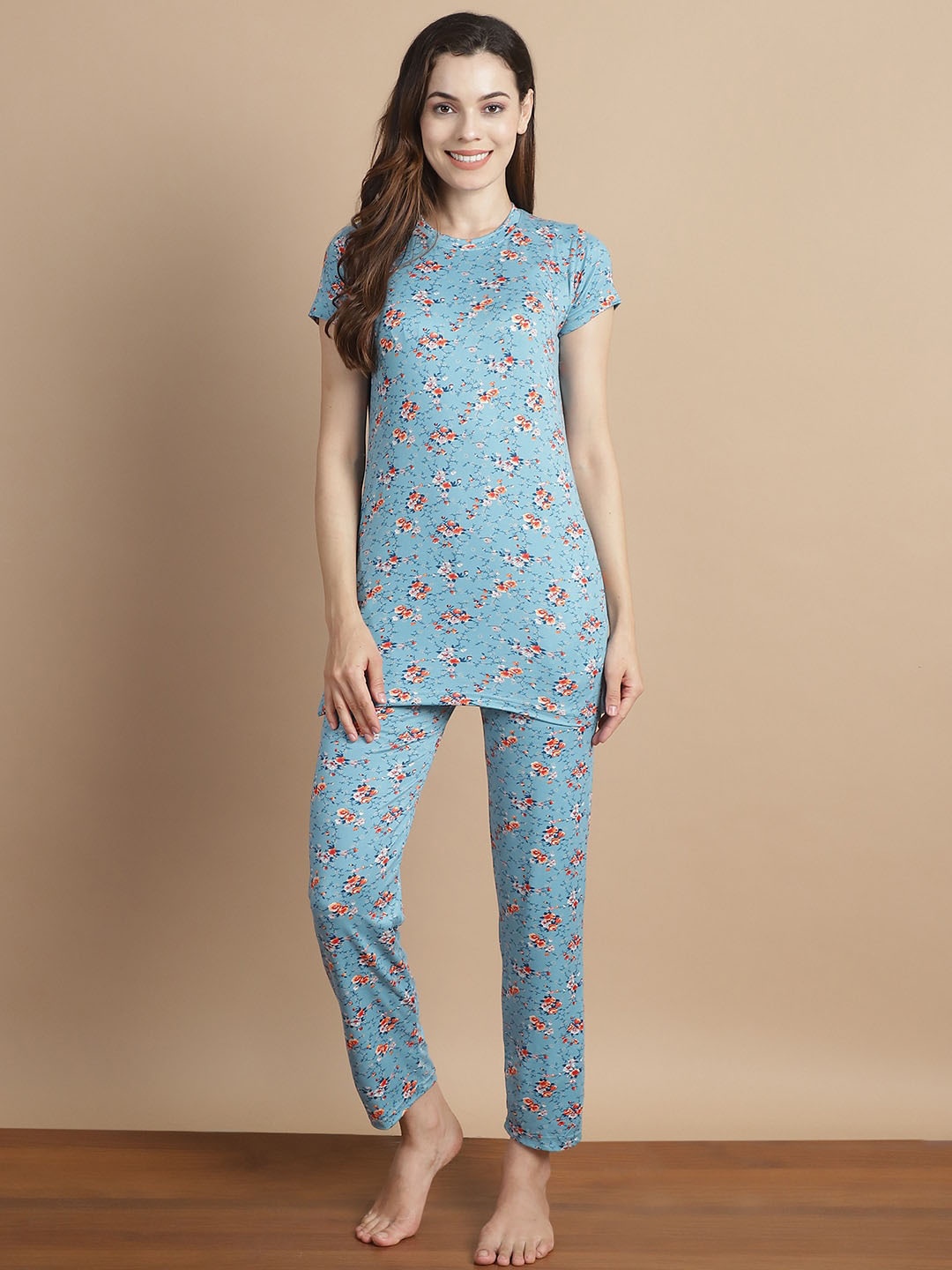 

GRACIT Floral Printed Longline Night Suit, Blue