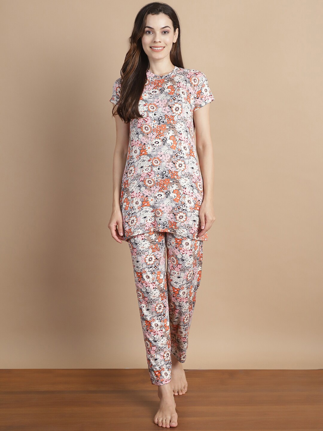 

GRACIT Floral Printed Longline Night Suit, Grey